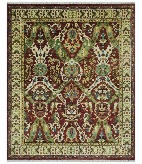 Traditional Large Design Maroon and Green Hand Knotted 8x10 wool area rug