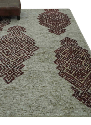 Traditional Large design 5x8 Olive, Silver and Brown Hand knotted wool area rug