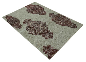 Traditional Large design 5x8 Olive, Silver and Brown Hand knotted wool area rug