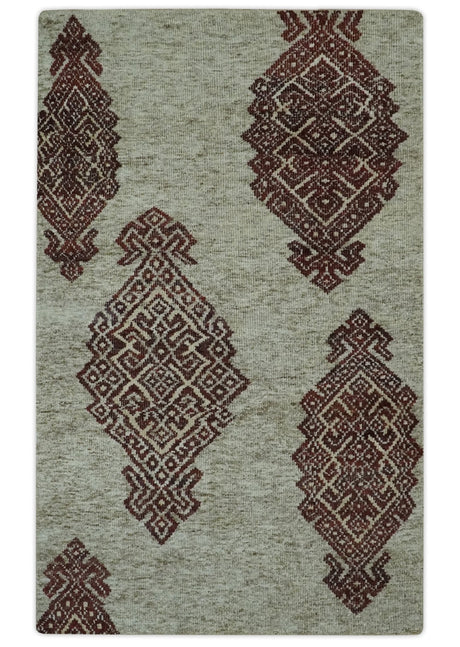 Traditional Large design 5x8 Olive, Silver and Brown Hand knotted wool area rug