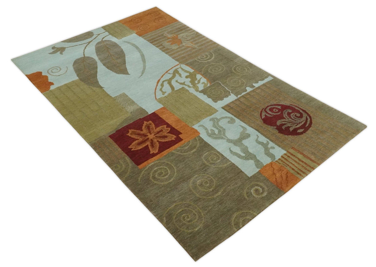 Traditional Leaf Hand woven Olive, Green and Aqua Indoor wool Area Rug