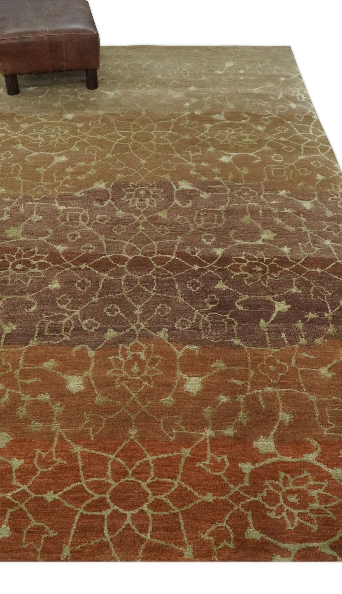Traditional Olive, Brown, Rust and Beige 5x8 Handloom Wool and Art Silk Area Rug