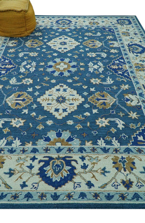 Traditional Oriental Design Beige And Blue Hand Tufted 8x10 Wool Area Rug