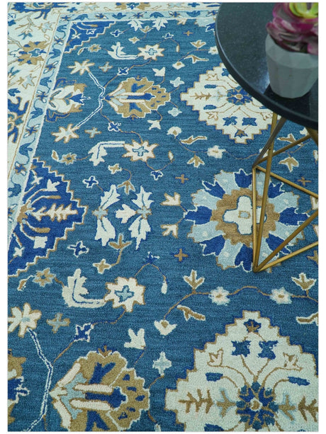 Traditional Oriental Design Beige And Blue Hand Tufted 8x10 Wool Area Rug