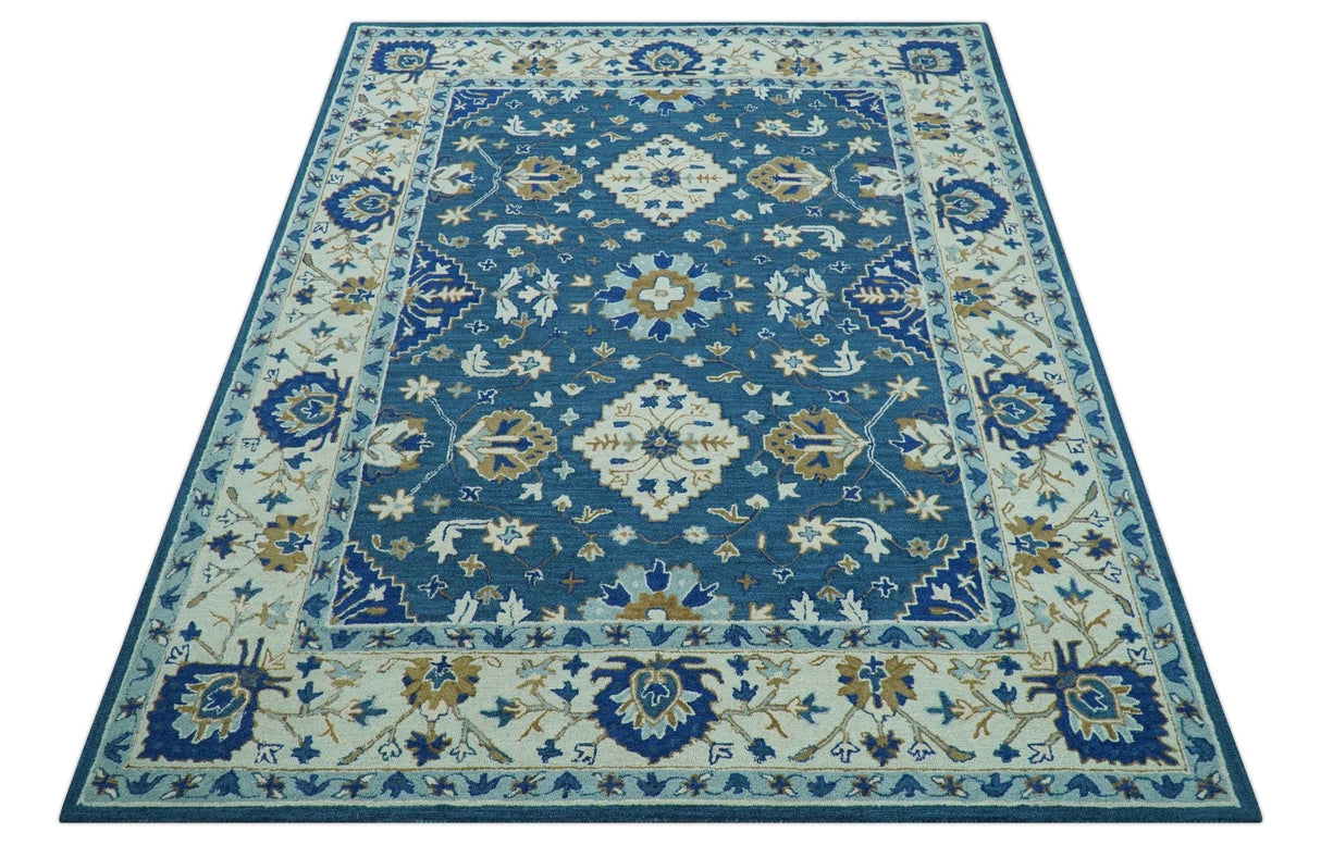 Traditional Oriental Design Beige And Blue Hand Tufted 8x10 Wool Area Rug