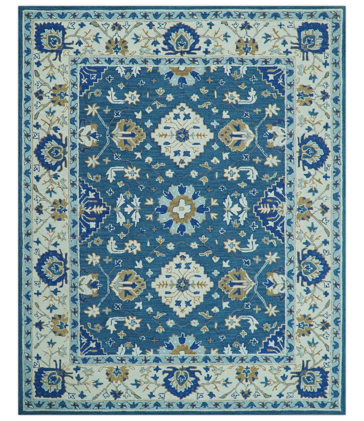Traditional Oriental Design Beige And Blue Hand Tufted 8x10 Wool Area Rug