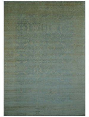 Traditional Oushak Beige And Blue 10x14 Hand Knotted Wool Area Rug