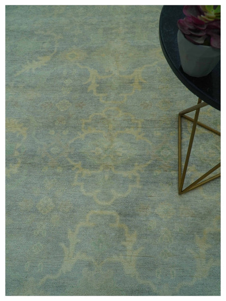 Traditional Oushak Beige And Blue 10x14 Hand Knotted Wool Area Rug