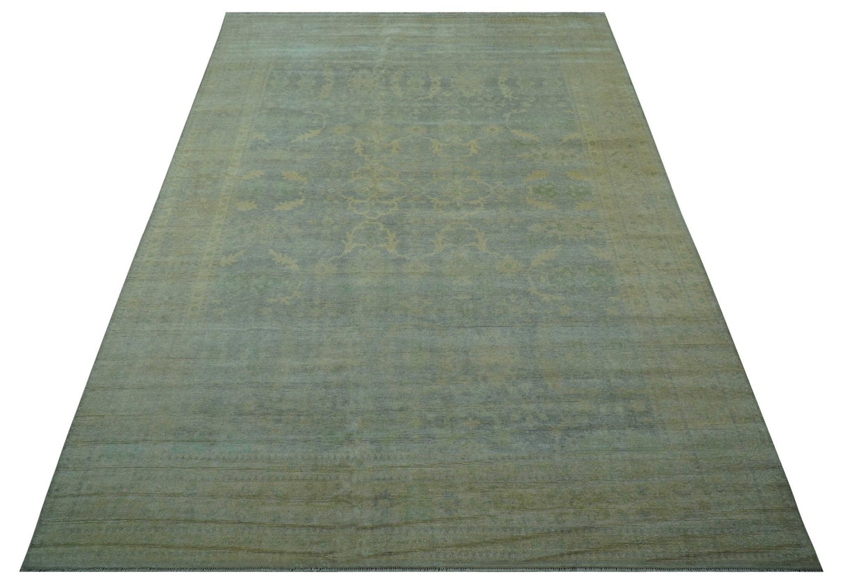 Traditional Oushak Beige And Blue 10x14 Hand Knotted Wool Area Rug