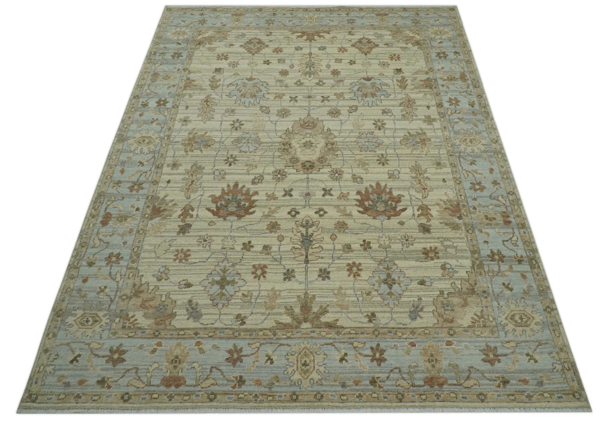Traditional Oushak Beige, Brown And Blue 8X10 Hand Knotted wool rug
