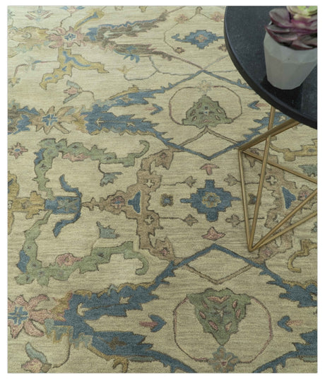Traditional Oushak Design Beige And Blue Hand Tufted 8x10 Wool Area Rug
