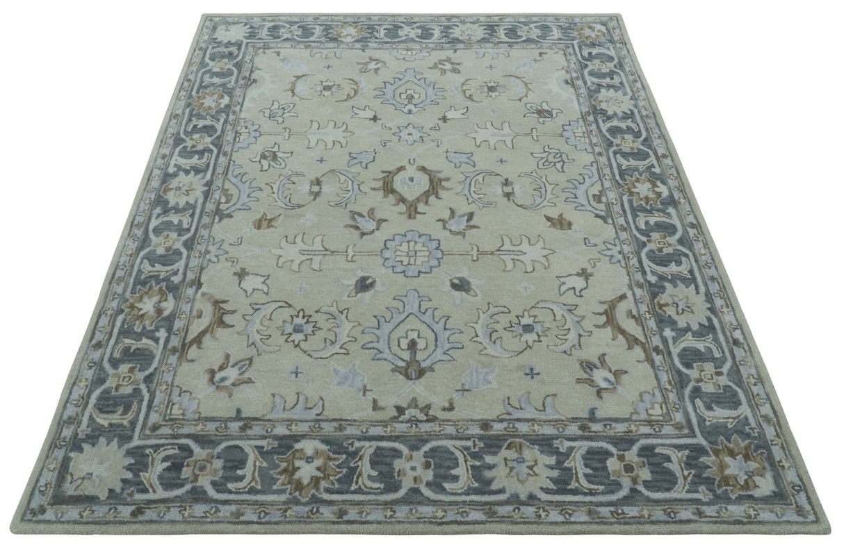 Traditional Oushak Design Beige, Blue And Silver 8x10 Hand Tufted Wool Area Rug