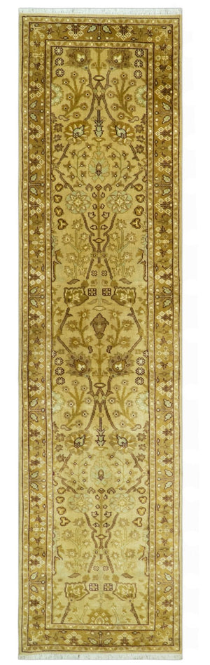 Traditional Oushak Design Gold And Brown 3x12 Hand Knotted Wool Area Rug