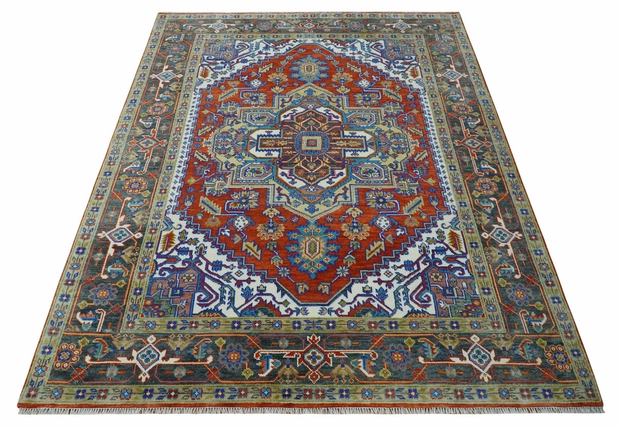 Traditional Rust, Ivory, Beige and Charcoal 9x12 Hand knotted Wool Area Rug, Living Room and Bedroom Rug