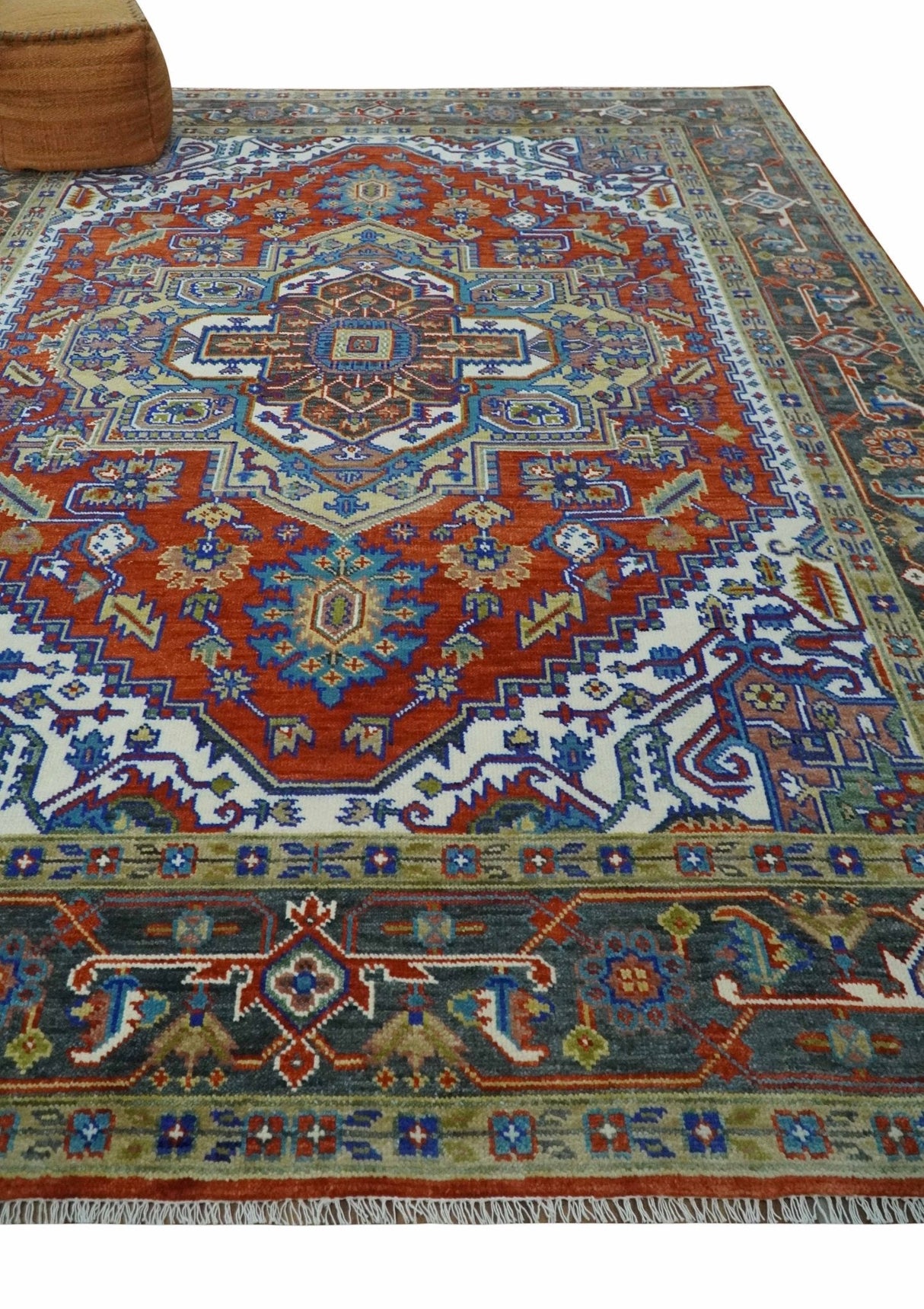 Traditional Rust, Ivory, Beige and Charcoal 9x12 Hand knotted Wool Area Rug, Living Room and Bedroom Rug