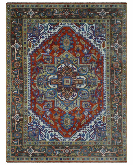 Traditional Rust, Ivory, Beige and Charcoal 9x12 Hand knotted Wool Area Rug, Living Room and Bedroom Rug