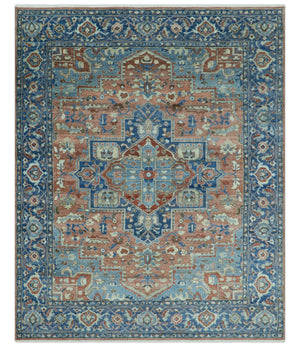 Traditional Serapi Design Rust And Blue Hand Knotted 8x10 Wool Area Rug