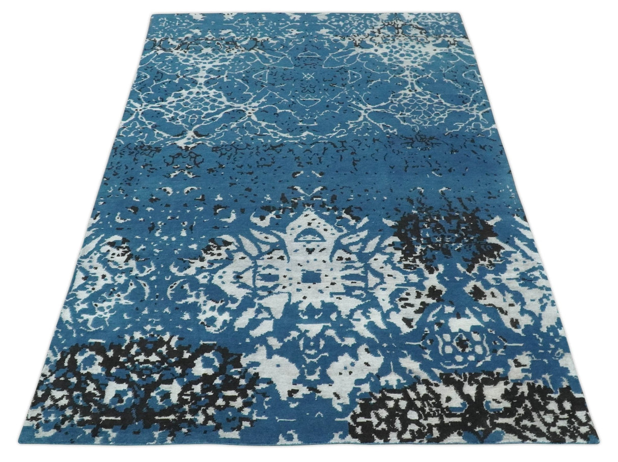 Transitional 7x10 Ivory, Blue and Black Modern Abstract Hand knotted Wool Area Rug