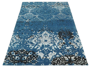 Transitional 7x10 Ivory, Blue and Black Modern Abstract Hand knotted Wool Area Rug