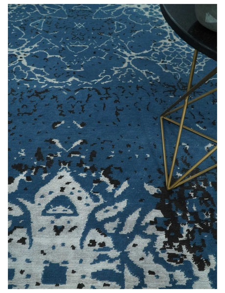 Transitional 7x10 Ivory, Blue and Black Modern Abstract Hand knotted Wool Area Rug