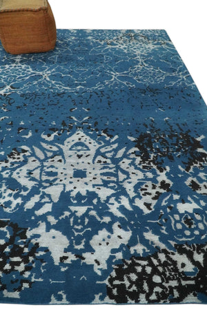 Transitional 7x10 Ivory, Blue and Black Modern Abstract Hand knotted Wool Area Rug