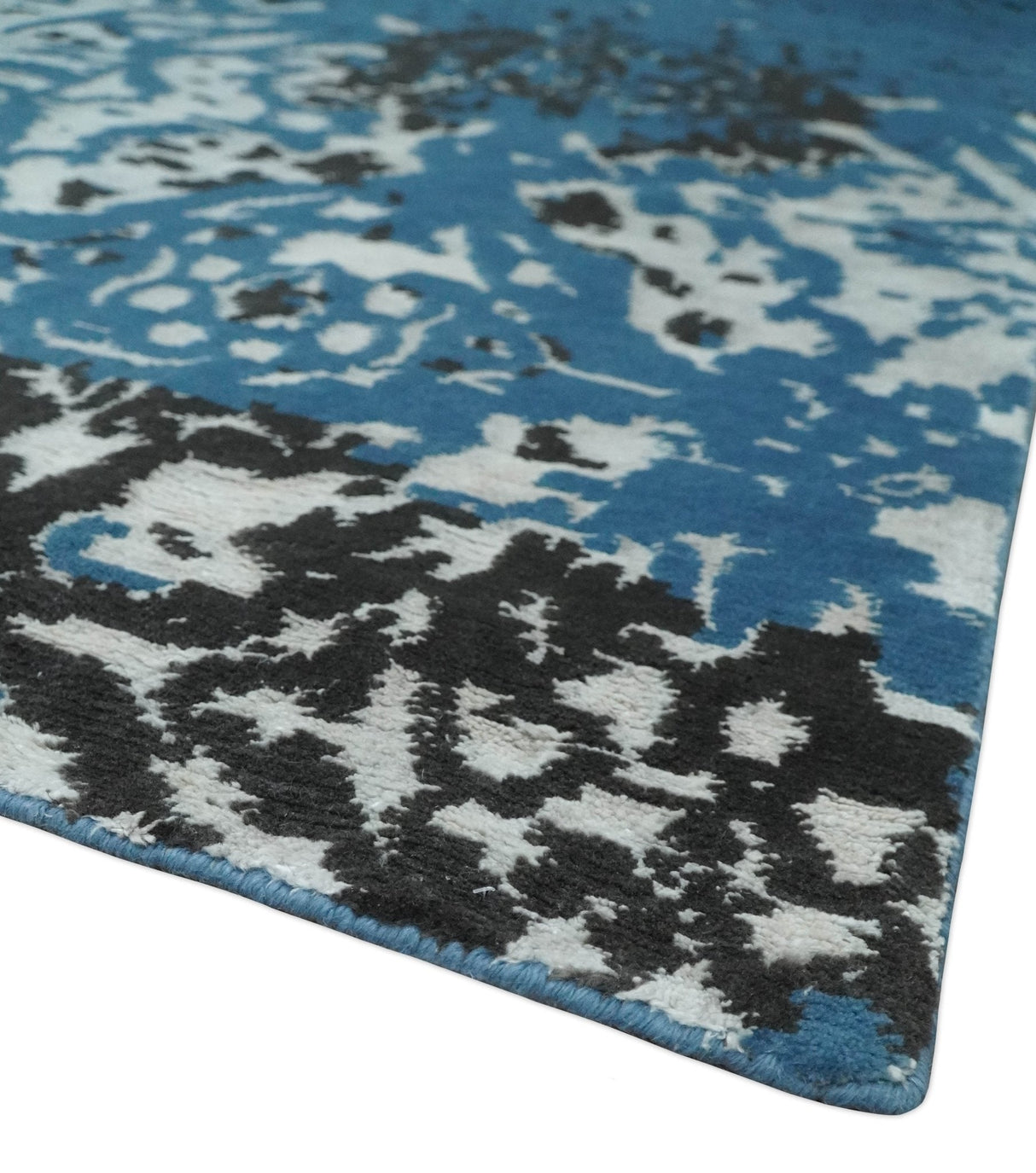 Transitional 7x10 Ivory, Blue and Black Modern Abstract Hand knotted Wool Area Rug