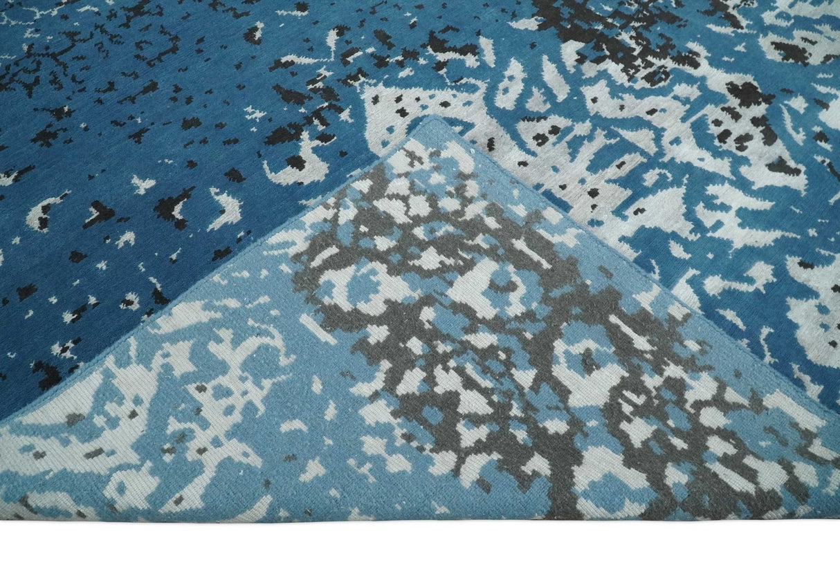 Transitional 7x10 Ivory, Blue and Black Modern Abstract Hand knotted Wool Area Rug