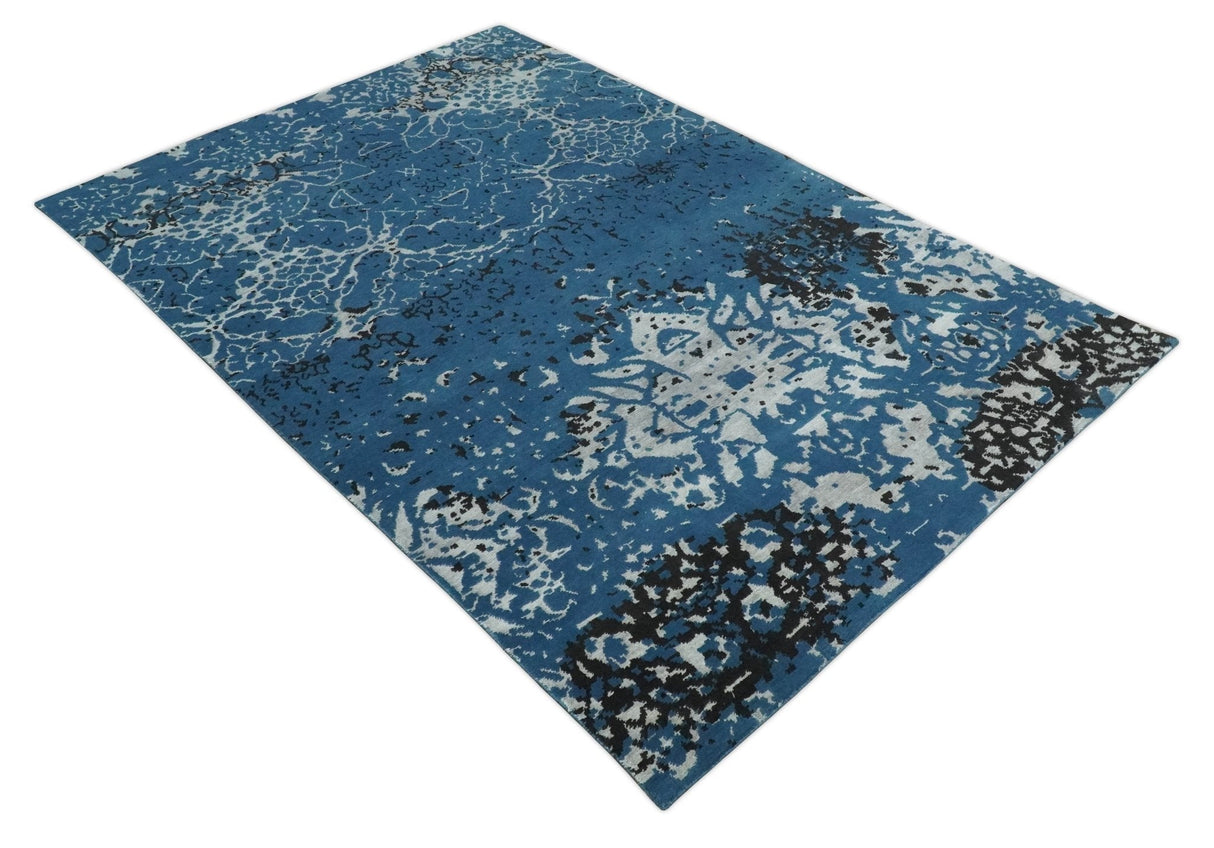 Transitional 7x10 Ivory, Blue and Black Modern Abstract Hand knotted Wool Area Rug