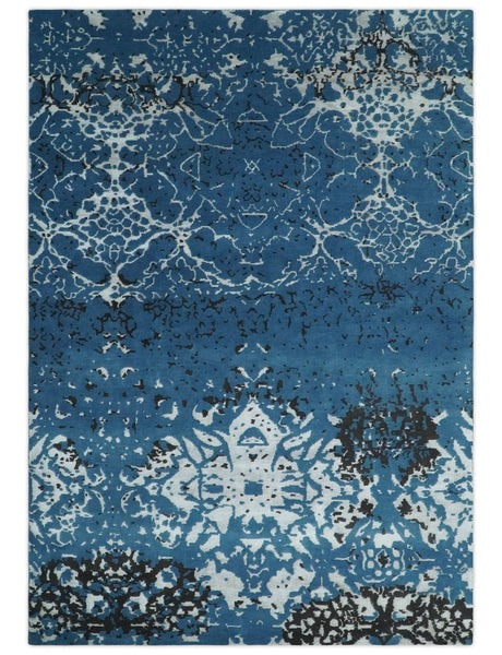 Transitional 7x10 Ivory, Blue and Black Modern Abstract Hand knotted Wool Area Rug