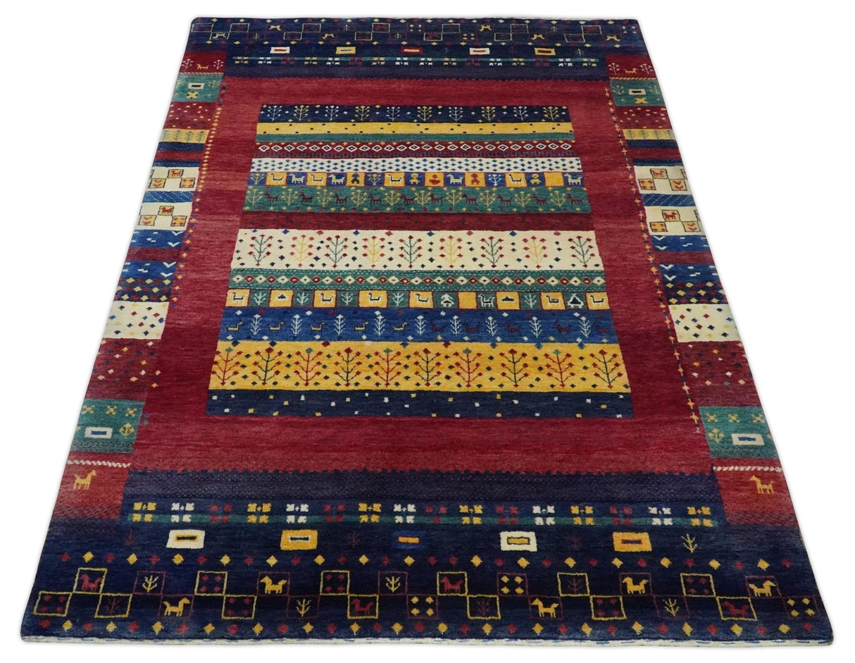 Tree 5x7 Multicolor Red and Blue Hand Knotted Wool Hand Made Lori Rug | KNT45