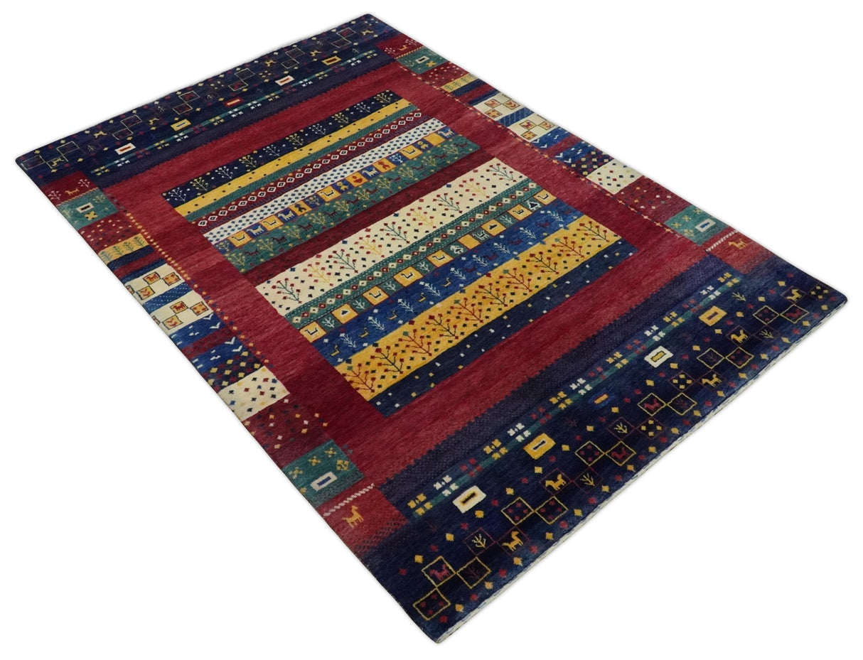 Tree 5x7 Multicolor Red and Blue Hand Knotted Wool Hand Made Lori Rug | KNT45