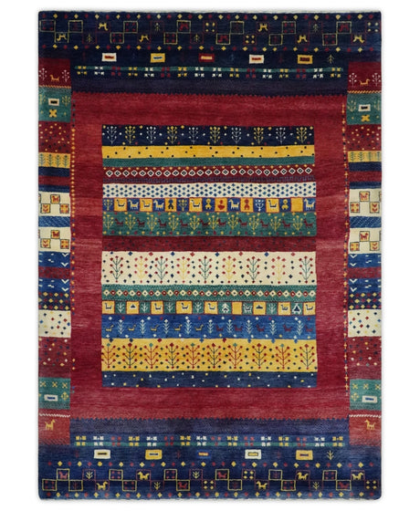 Tree 5x7 Multicolor Red and Blue Hand Knotted Wool Hand Made Lori Rug | KNT45