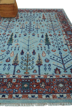 Tree of Life 8x10 Hand Knotted Blue and Rust Traditional Persian Vintage Oushak Wool Rug | TRD2747810S
