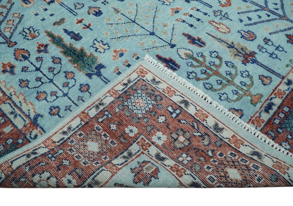 Tree of Life 8x10 Hand Knotted Blue and Rust Traditional Persian Vintage Oushak Wool Rug | TRD2747810S