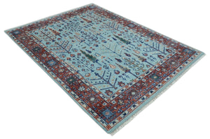 Tree of Life 8x10 Hand Knotted Blue and Rust Traditional Persian Vintage Oushak Wool Rug | TRD2747810S