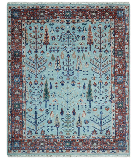 Tree of Life 8x10 Hand Knotted Blue and Rust Traditional Persian Vintage Oushak Wool Rug | TRD2747810S