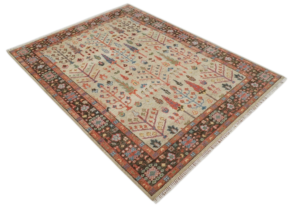 Tree of Life Hand Knotted 8x10 Beige, Brown and Rust Traditional Oushak Wool Rug