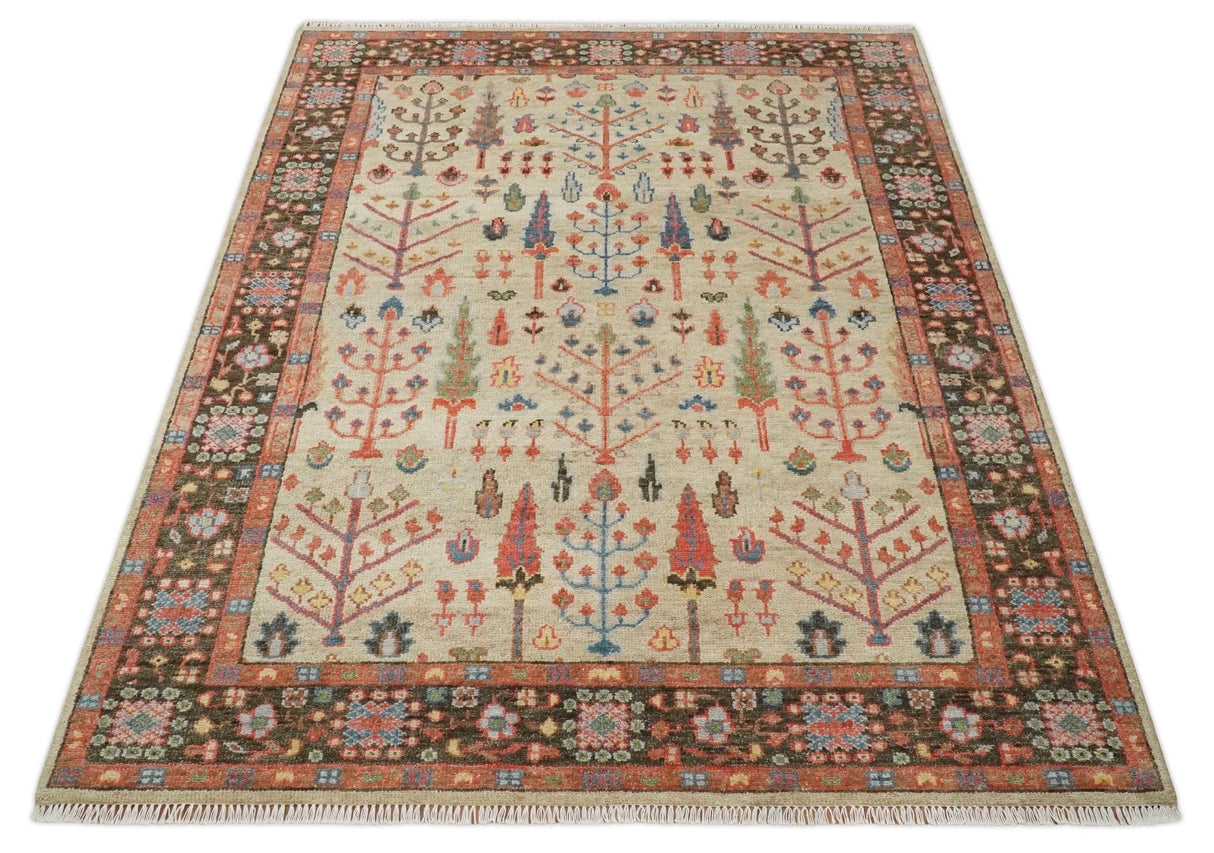 Tree of Life Hand Knotted 8x10 Beige, Brown and Rust Traditional Oushak Wool Rug