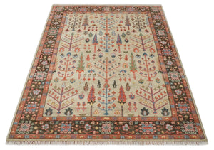 Tree of Life Hand Knotted 8x10 Beige, Brown and Rust Traditional Oushak Wool Rug