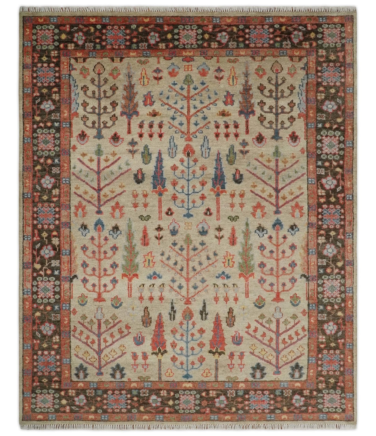 Tree of Life Hand Knotted 8x10 Beige, Brown and Rust Traditional Oushak Wool Rug