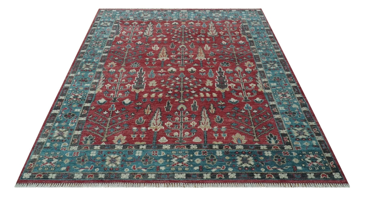 Tree of Life Hand Knotted 8x10 Maroon and Blue Traditional Wool area Rug