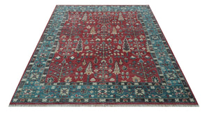 Tree of Life Hand Knotted 8x10 Maroon and Blue Traditional Wool area Rug