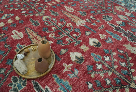 Tree of Life Hand Knotted 8x10 Maroon and Blue Traditional Wool area Rug