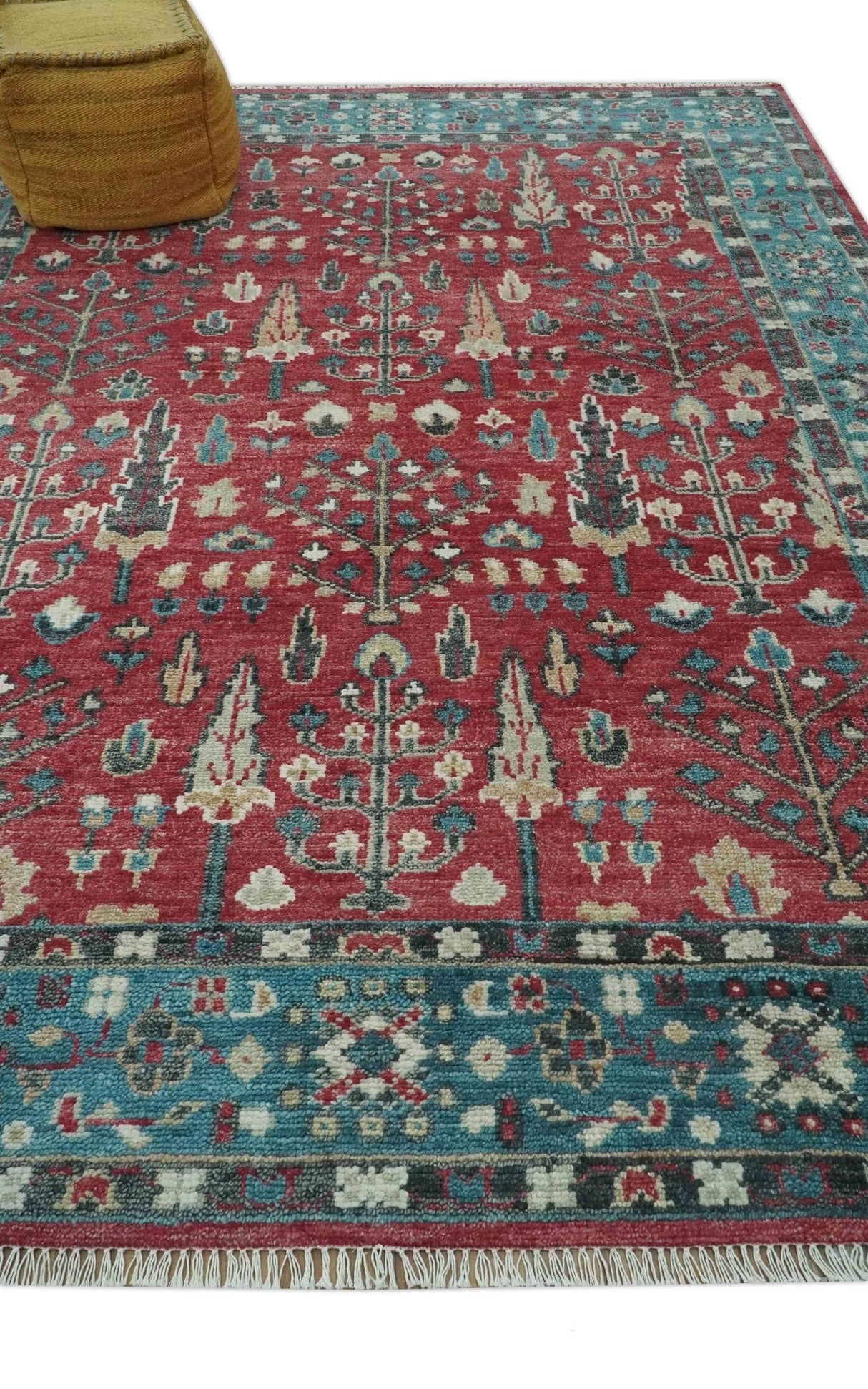 Tree of Life Hand Knotted 8x10 Maroon and Blue Traditional Wool area Rug
