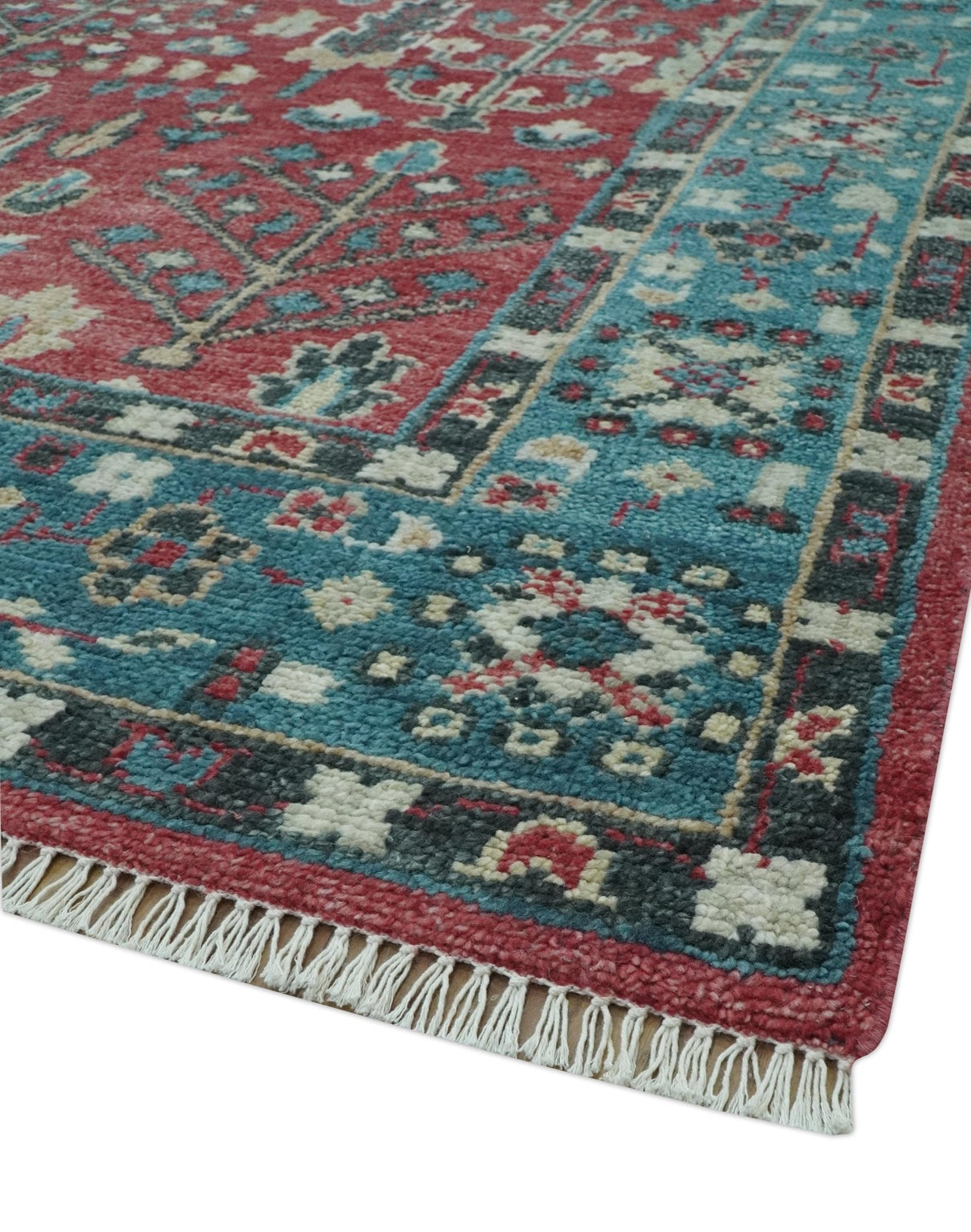 Tree of Life Hand Knotted 8x10 Maroon and Blue Traditional Wool area Rug