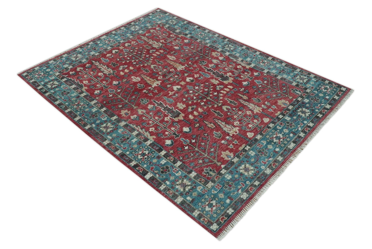 Tree of Life Hand Knotted 8x10 Maroon and Blue Traditional Wool area Rug