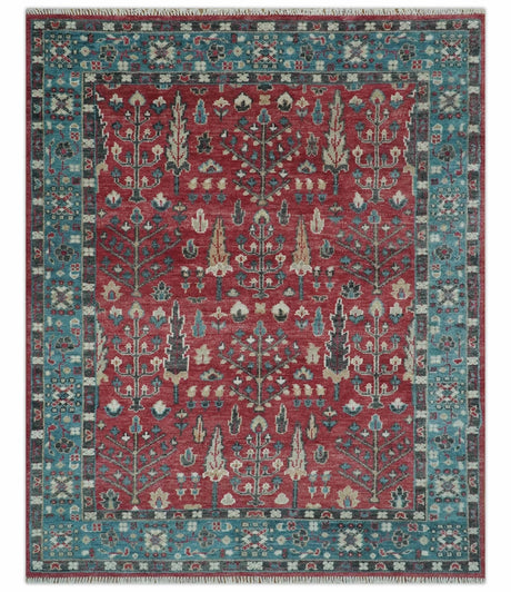 Tree of Life Hand Knotted 8x10 Maroon and Blue Traditional Wool area Rug