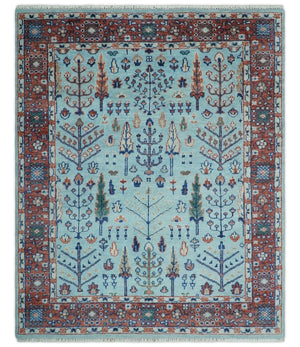 Tree of Life Hand Knotted Blue and Rust Modern Persian Vintage Oushak Custom Made Wool Rug