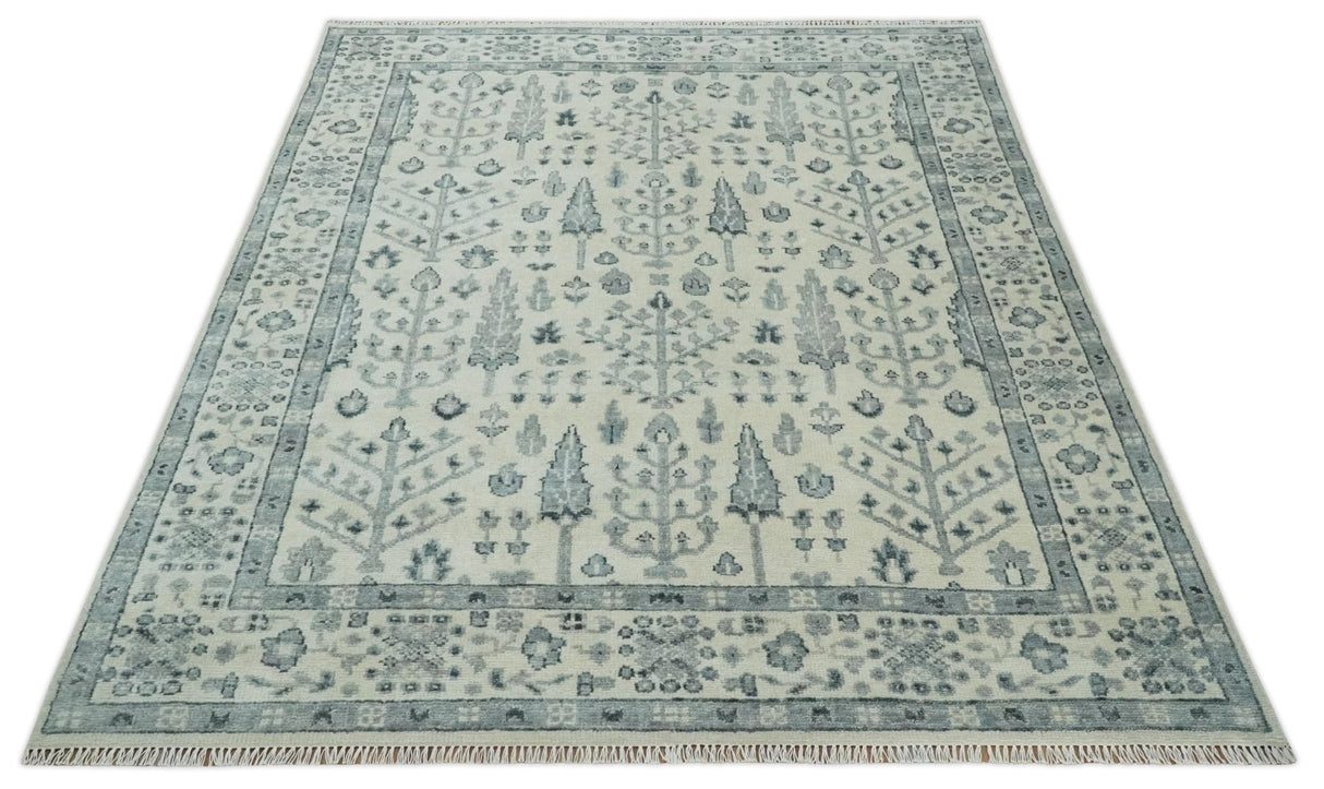 Tree of Life Hand Knotted Ivory and Charcoal Traditional Oushak 8x10 Wool Rug