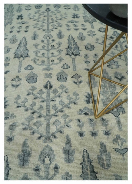Tree of Life Hand Knotted Ivory and Charcoal Traditional Oushak 8x10 Wool Rug